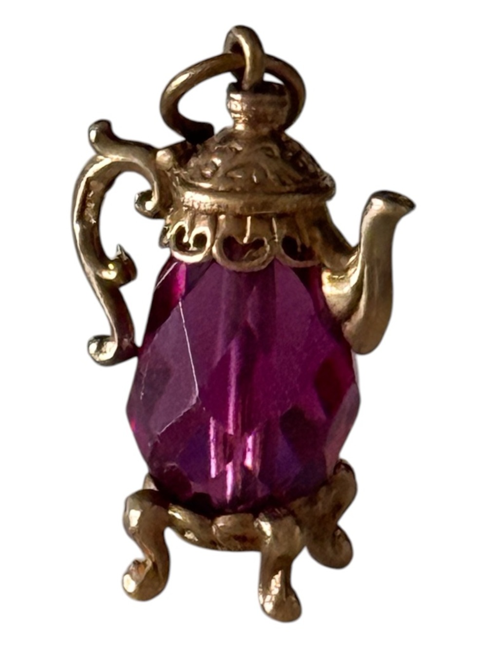 Vintage 9k Gold Teapot Charm with Faceted Fuchsia Synthetic Stone. - Picture 3 of 5